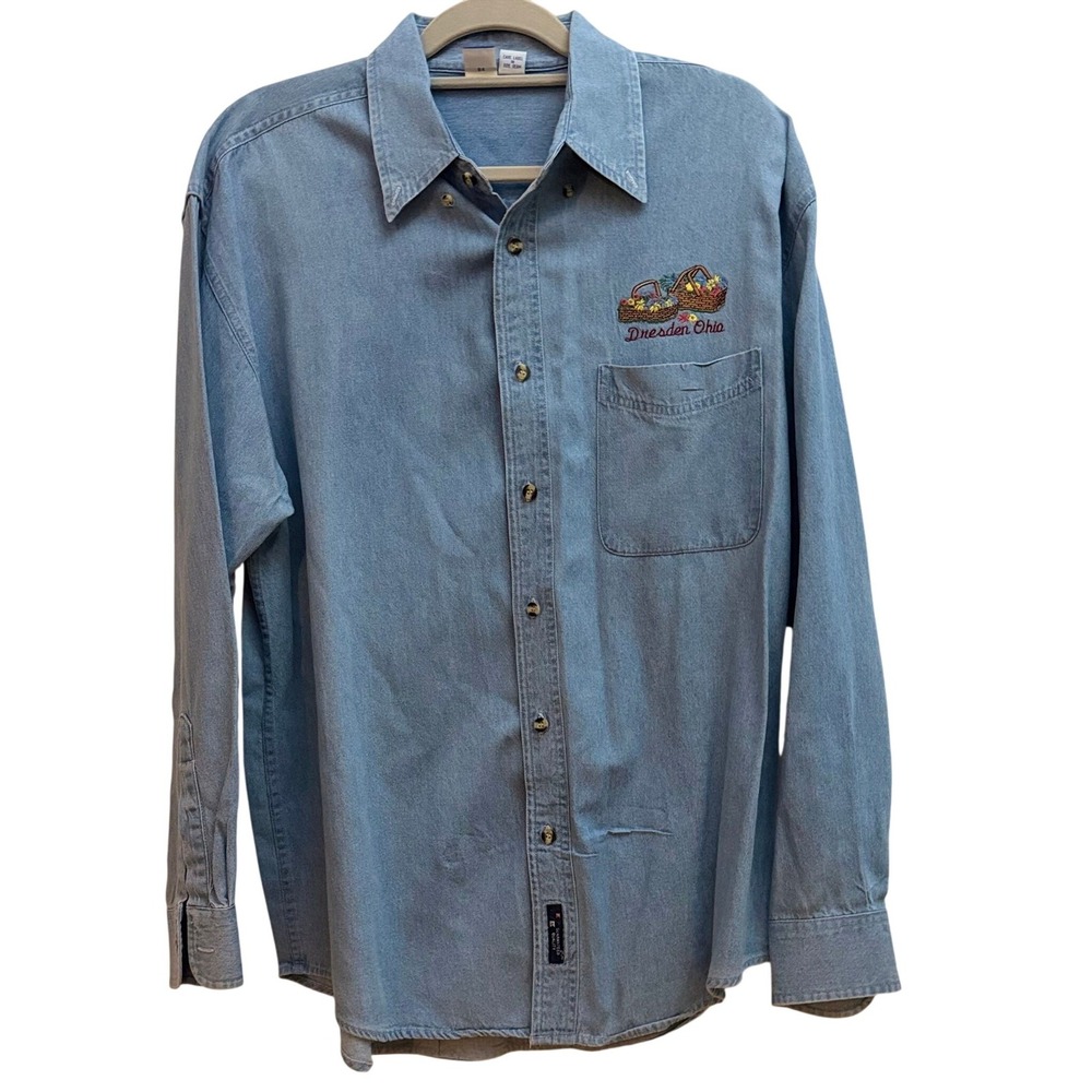 VTG Longaberger Homestead Dresden Ohio Embroidered Denim Shacket Shirt Blue 48"